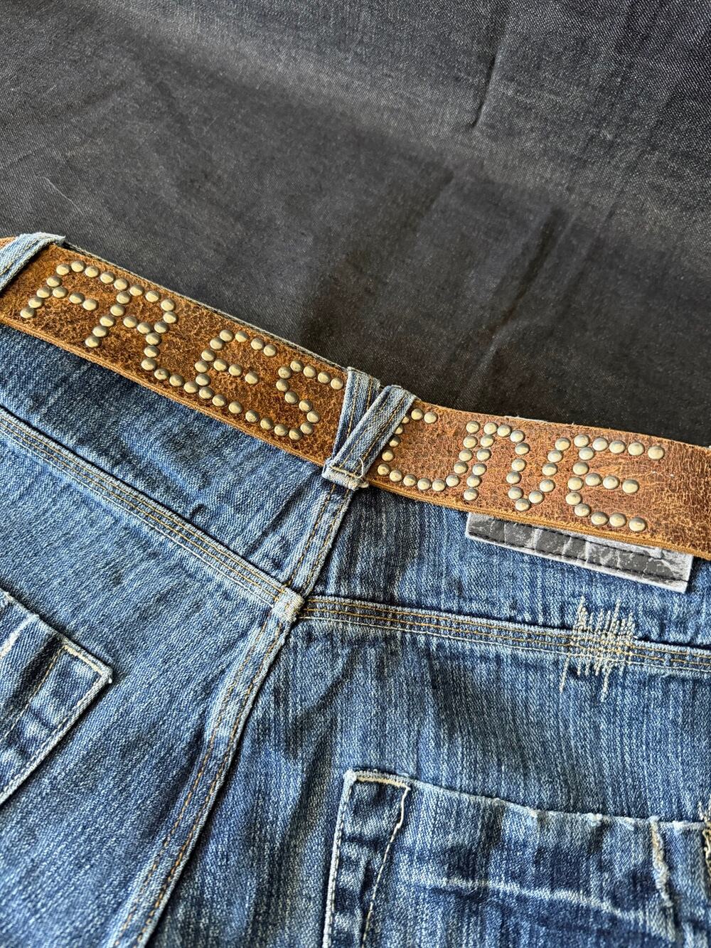 Vintage Freshjive Logo Studded Distressed Tan Leather Belt Size 36